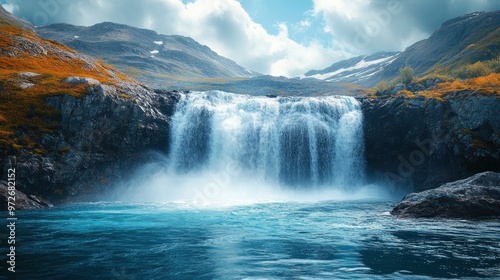 A serene waterfall cascading into a tranquil blue pool.