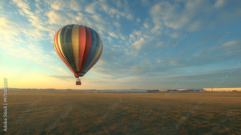 Naklejka premium Multicolored hot air balloon landing in grassy field , Hot air balloon in the blue sky , Colorful hot air balloon flying in the sky over the countryside 