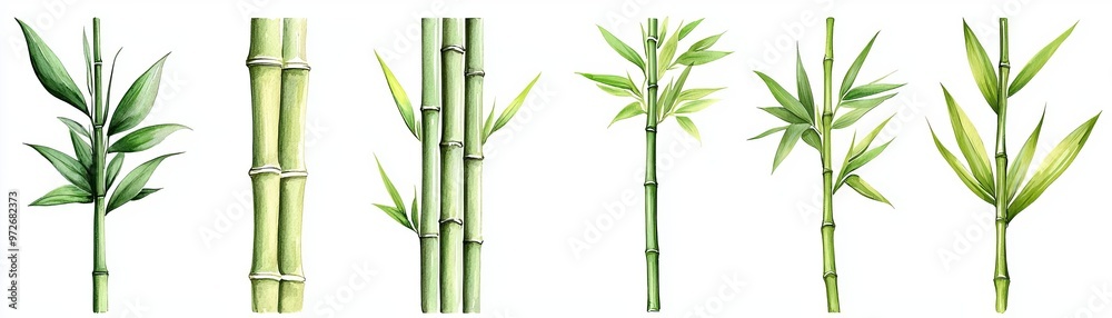 Fototapeta premium Collection of beautiful bamboo illustrations showcasing different species, textures, and vibrant green hues for nature enthusiasts.