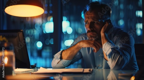 A man is sitting at a desk with a laptop and a stack of papers