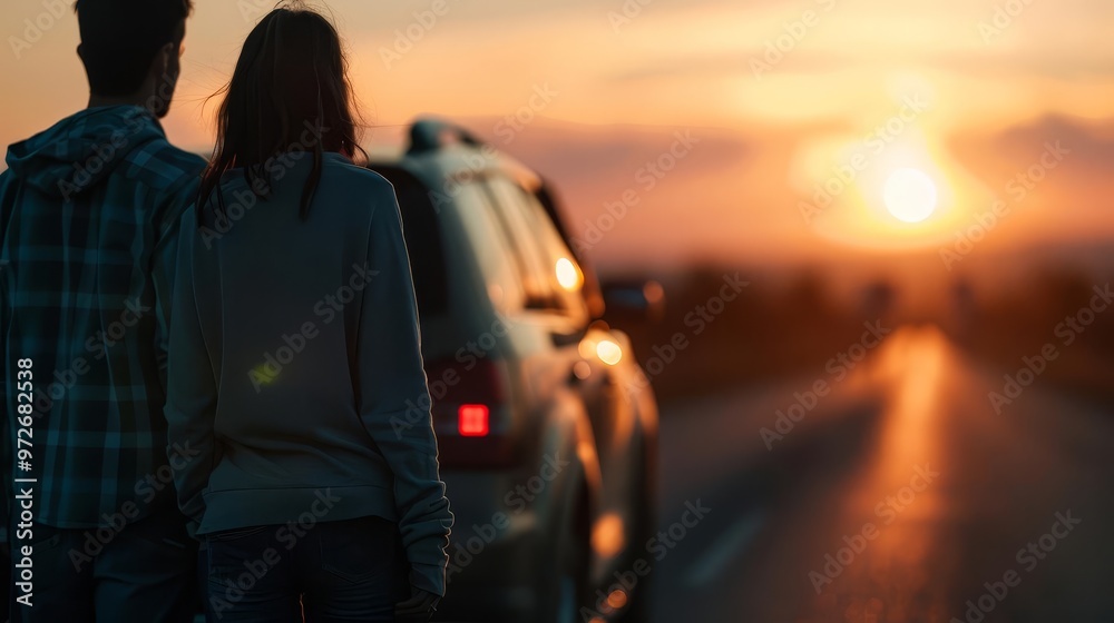 Couple enjoying a scenic sunset view while on a road trip. Couple enjoying a scenic sunset view while on a road trip.