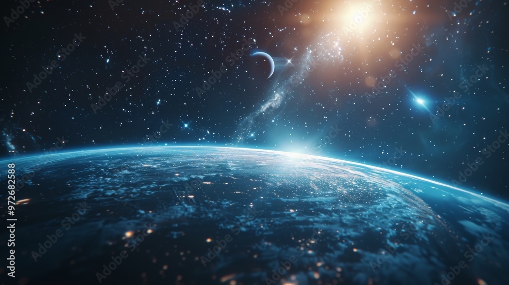 Obraz premium Breathtaking Celestial Panorama of Orbiting Planet Elysium with Glowing Atmosphere and Starry Cosmos