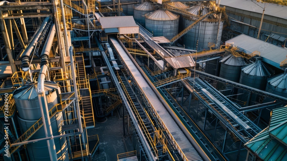 Aerial view of a large industrial factory with conveyors, silos, and pipes. Aerial view of a large industrial factory with conveyors, silos, and pipes.