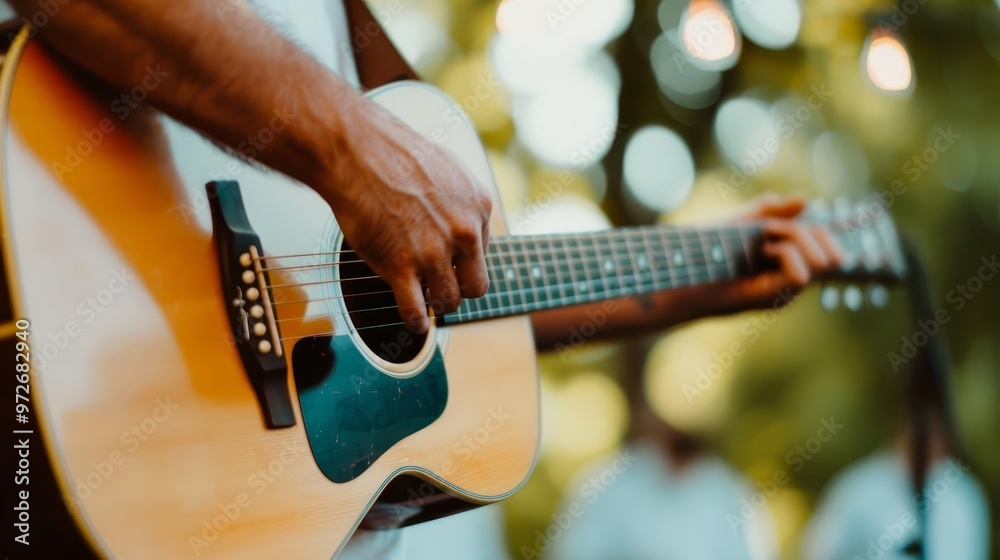Fototapeta premium Close-up of a hand playing an acoustic guitar outdoors.