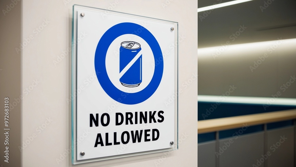 No Drinks Allowed Sign with Blue Circle and Can Icon in Office Building
