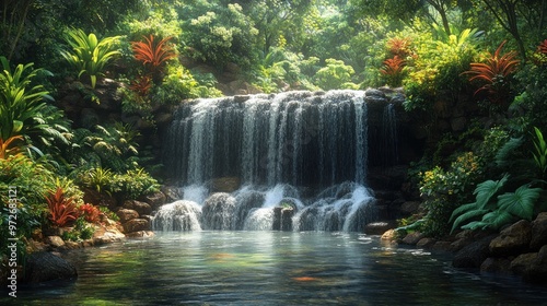 Lush tropical waterfall surrounded by vibrant greenery and plants. photo