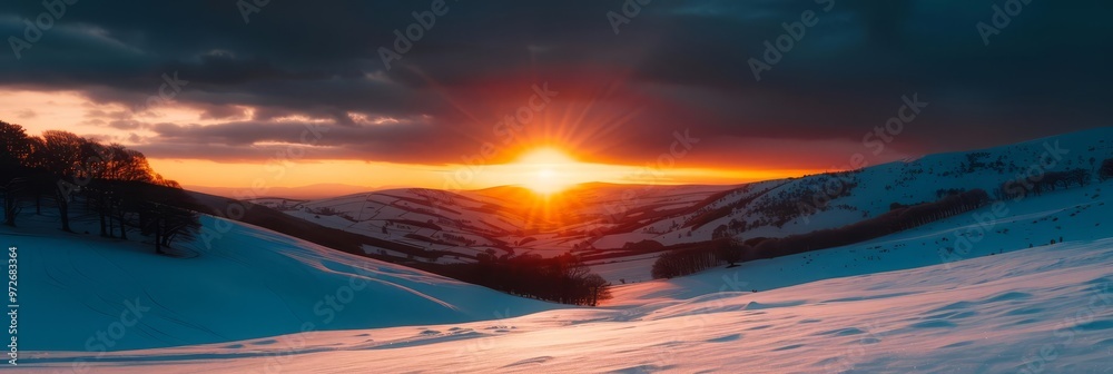 Sunset over snowy mountains with a colorful sky. Sunset over snowy mountains with a colorful sky.