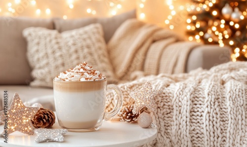 Wallpaper Mural Cappuccino on a wooden table in a cozy living room with soft focus and natural lighting Torontodigital.ca