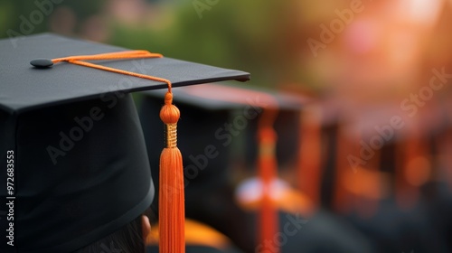 A row of graduation caps with orange tassels, symbolizing achievement and the start of a new chapter.