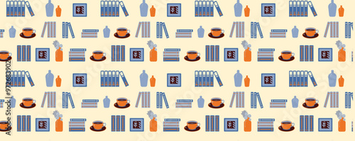 Pattern with books, mugs vase and flowers. Reading, interior and home library themed illustration. Vector Seamless background.