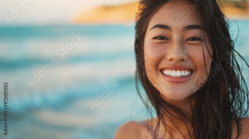 Young woman smiling at the beach with ocean in the background.