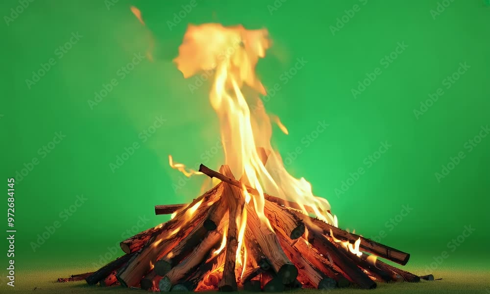 a crackling fire burns brightly against a green screen, offering
