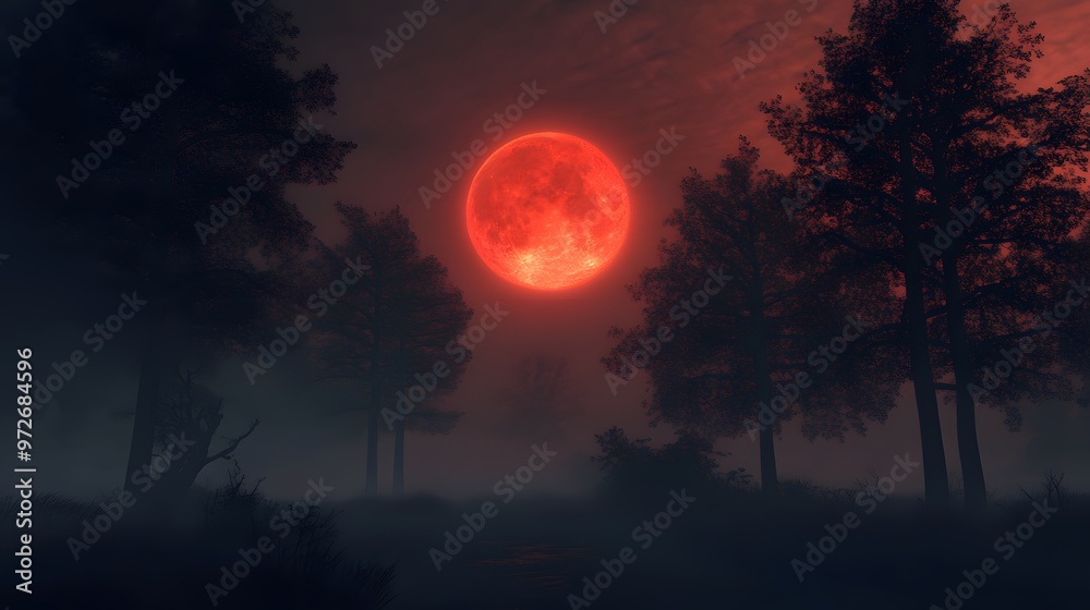 Sinister Halloween night scene with a glowing red moon, dark forest, and creepy trees Sinister Halloween night scene with a glowing red moon, dark forest, and creepy trees