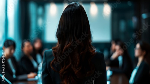 Rear view of a businesswoman addressing a meeting.