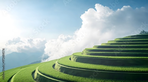 Lush green rice terraces on a hillside with clouds in the sky.