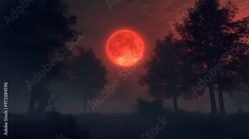 Sinister Halloween night scene with a glowing red moon, dark forest, and creepy trees photo