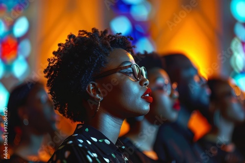 Woman singing in a choir, lit by colorful stage lights. photo