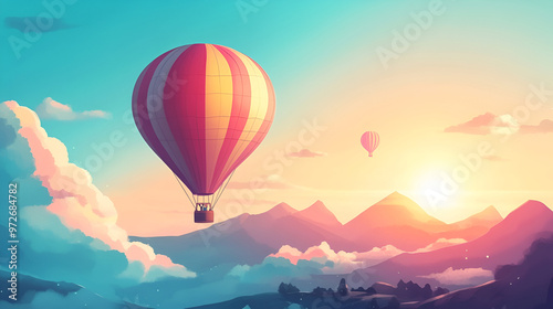 hot air balloon on mountain landscape , Hot air balloon flying over mountains , bright hot air balloon beautiful view shimmer background professional