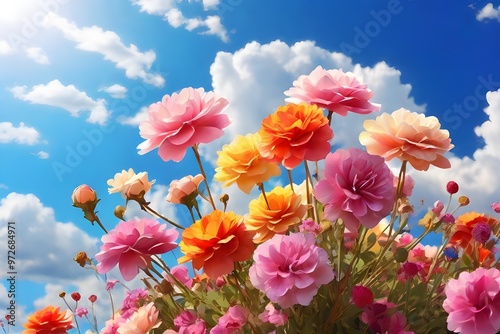 Bright, blooming flowers under a blue sky with white clouds, showcasing the vivid beauty of nature Generative AI