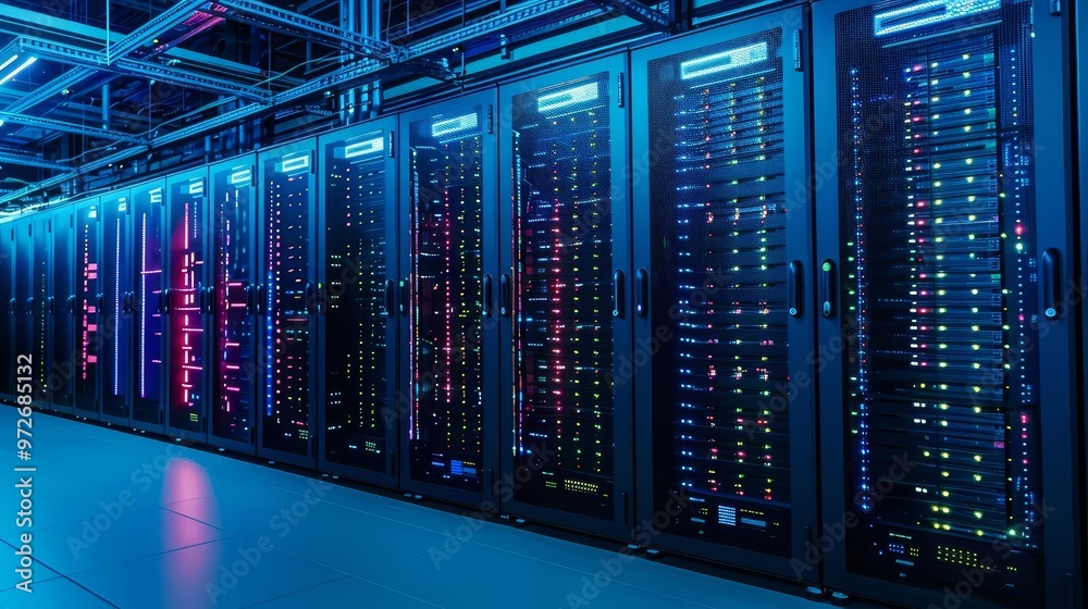 Rows of server racks in a modern data center.