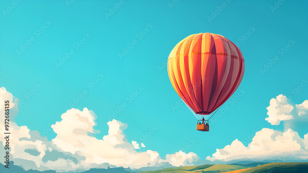 Fototapeta premium hot air balloon on mountain landscape , Hot air balloon flying over mountains , bright hot air balloon beautiful view shimmer background professional 