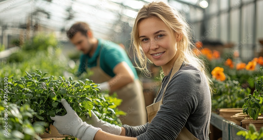 Smiling woman in her thirties tending plants in a greenhouse with blooming flowers and green plants around her Smiling woman in her thirties tending plants in a greenhouse with blooming flowers and green plants around her