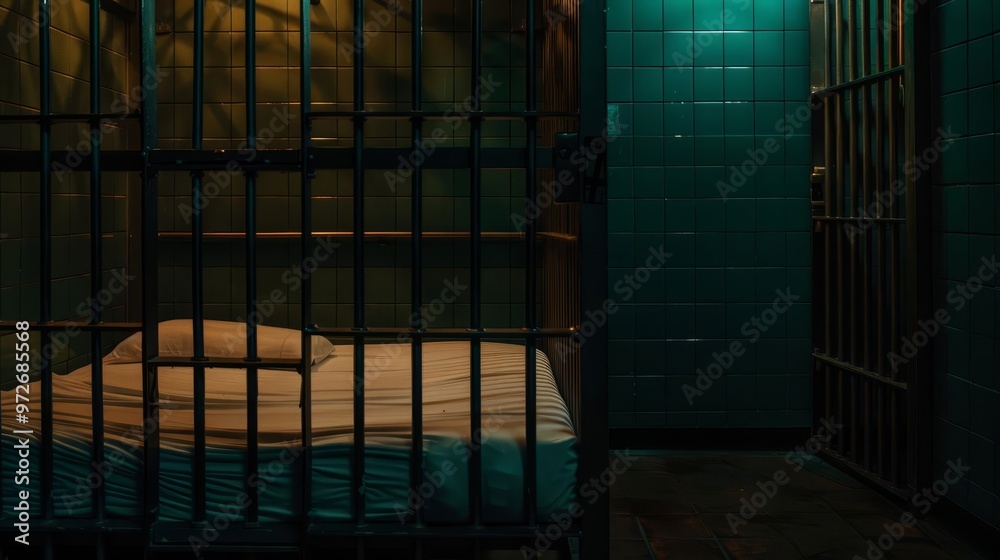 A single bed inside a prison cell, viewed through the bars. A single bed inside a prison cell, viewed through the bars.
