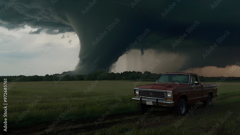 Fototapeta premium tornado in the field and a car, natural disaster 