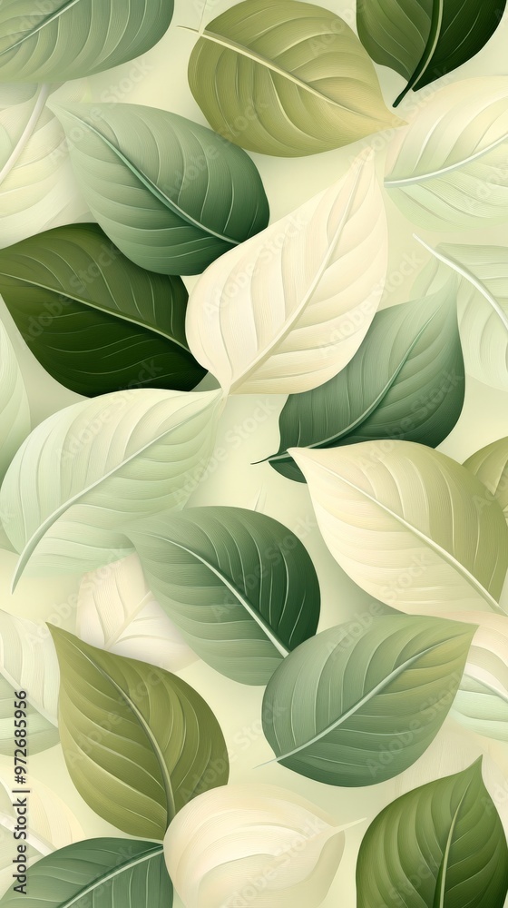 Abstract Green and White Leaves Wallpaper.