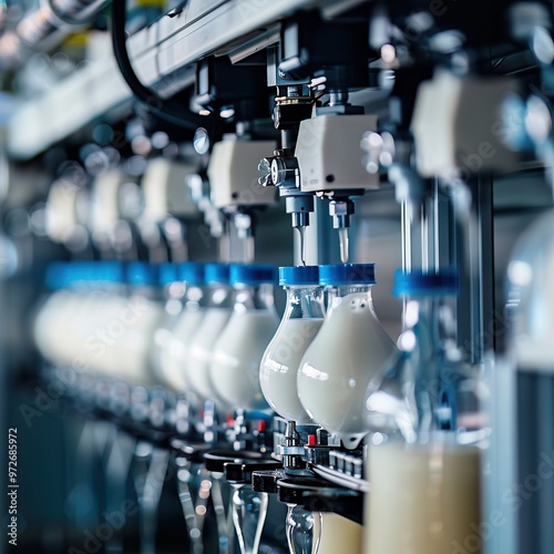 Macro image of an automated milking machine in action, revealing the efficiency and precision in dairy farming, perfect for agricultural advancements