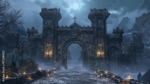 Eerie stone gate with gothic arch, looming over a path under a full moon.