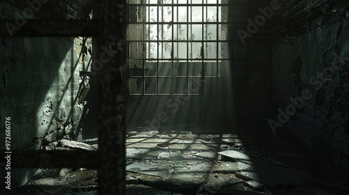 Menacing shadows cast on prison bars, setting a scene for a dark video game background photo