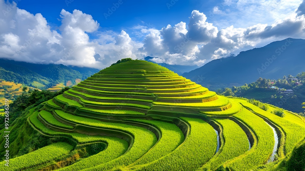 Lush green rice terraces cascading down a hillside, creating a beautiful pattern against a blue sky with white clouds. Lush green rice terraces cascading down a hillside, creating a beautiful pattern against a blue sky with white clouds.