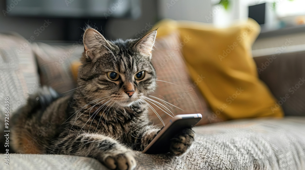 Cute tabby cat relaxing on a couch, holding a smartphone.