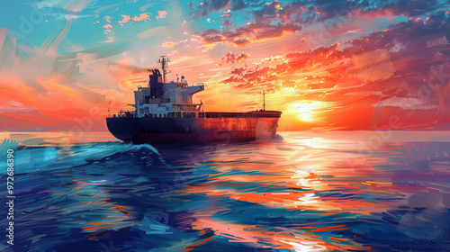 Modern freighter crossing a calm ocean at sunset, symbolizing peaceful global trade, in pastel drawing style