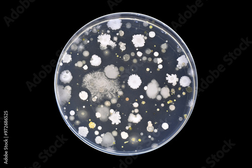 Exposure plate technique. Micrograms in air. Air quality determination. Bacteria in air. Bacteria in the food processing line. Air sampling. Nutrient Agar plates. NA plates. Bacterial colonies. photo