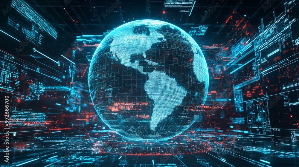 A holographic globe surrounded by layers of encryption, firewalls, and secure data transfer channels, symbolizing global information security A holographic globe surrounded by layers of encryption, firewalls, and secure data transfer channels, symbolizing global information security
