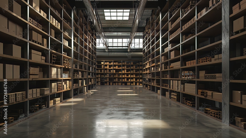 Open industrial space, rows of shelves, soft daylight a warehouse efficiency Open industrial space, rows of shelves, soft daylight a warehouse efficiency