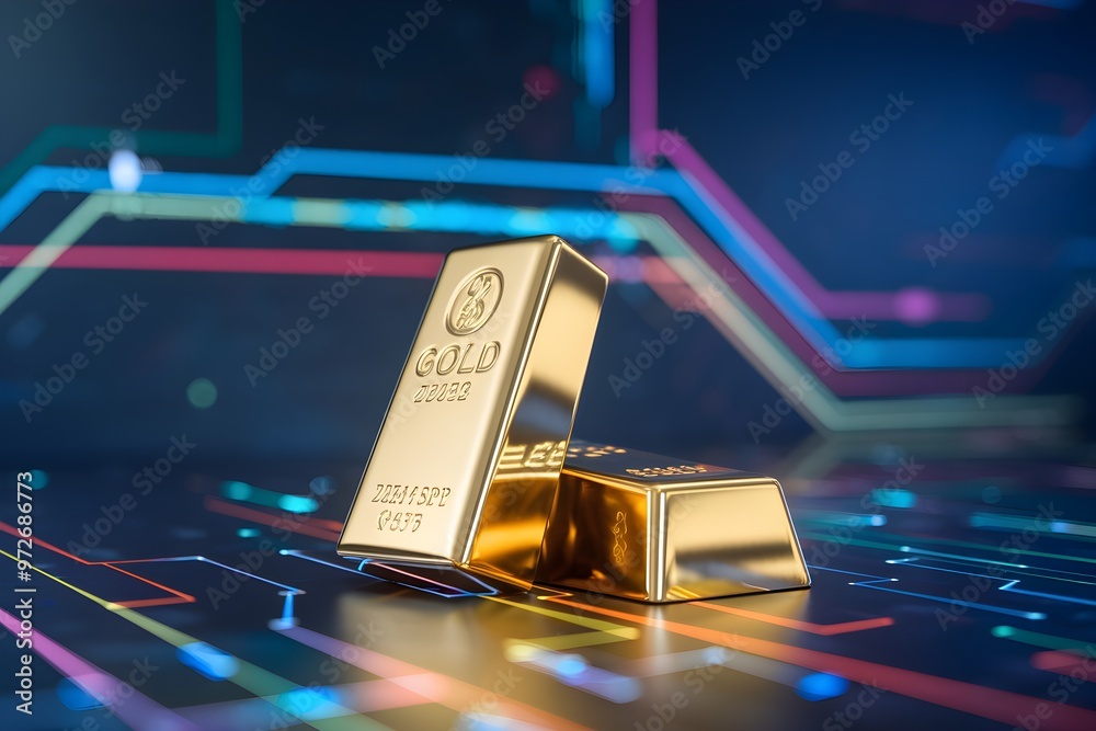 Two gold bars displayed against digital abstract backdrop, inscriptions of weight visible Two gold bars displayed against digital abstract backdrop, inscriptions of weight visible