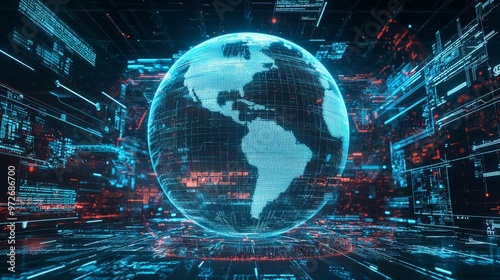 A holographic globe surrounded by layers of encryption, firewalls, and secure data transfer channels, symbolizing global information security