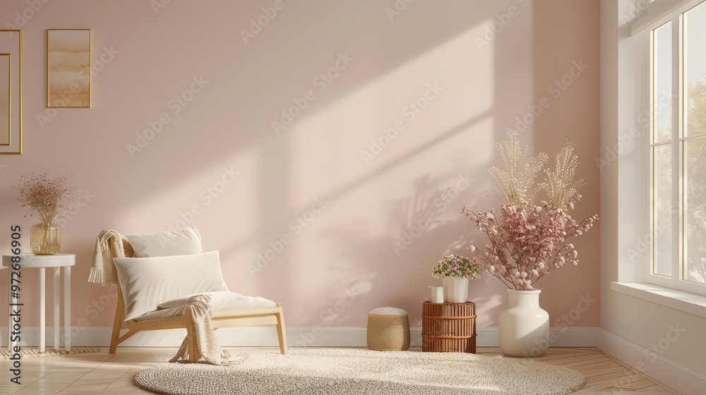 Minimalist living room interior with a cozy armchair, sunlight streaming through the window, and a pink wall. Minimalist living room interior with a cozy armchair, sunlight streaming through the window, and a pink wall.