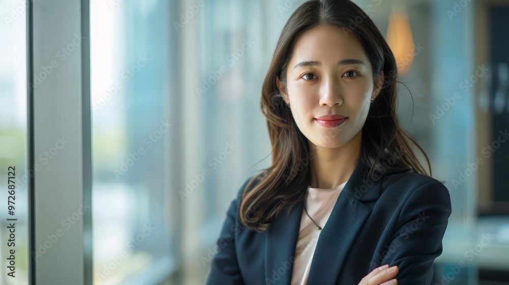 Portrait of a young Asian businesswoman, capturing her confidence and professionalism, ideal for modern business and leadership themes with copy space Portrait of a young Asian businesswoman, capturing her confidence and professionalism, ideal for modern business and leadership themes with copy space