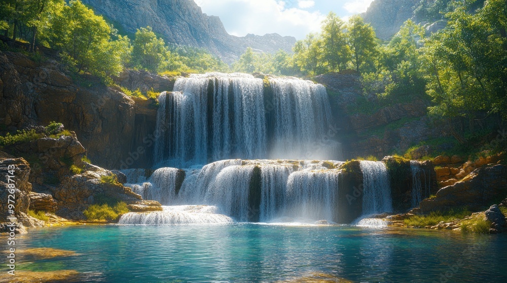 Fototapeta premium A serene waterfall cascading into a tranquil pool surrounded by greenery.