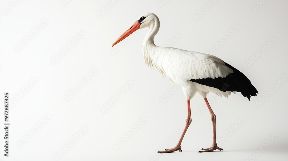 A white stork walking elegantly on a clean backdrop during daylight, showcasing its striking features and long legs A white stork walking elegantly on a clean backdrop during daylight, showcasing its striking features and long legs