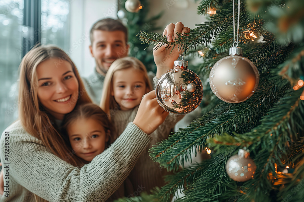 Family decorating a Christmas tree together in a cozy living room, copy space for text Family decorating a Christmas tree together in a cozy living room, copy space for text