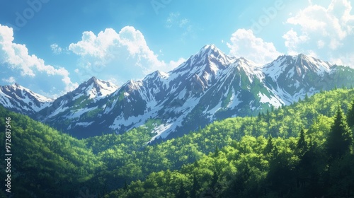 Wallpaper Mural An Anime Scene Depicting Majestic Mountains Surrounded By Lush Green Trees Under A Clear Blue Sky. Torontodigital.ca