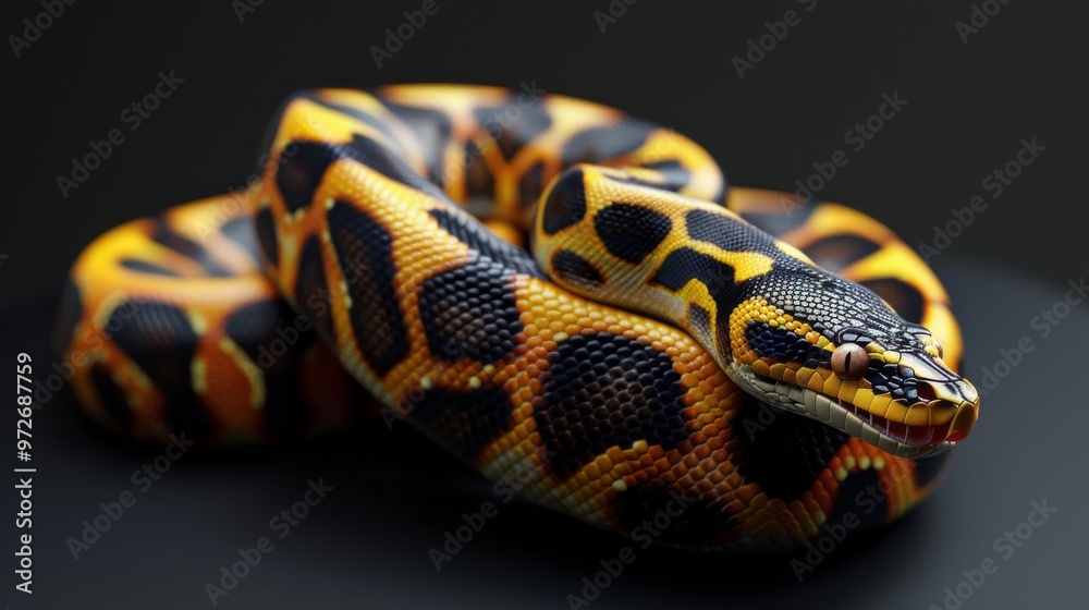 Fototapeta premium A snake with a black and yellow pattern is laying on a black surface