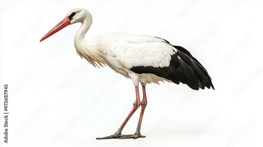 A stork stands gracefully on one leg with its long neck extended, showcasing its distinctive feathers and vibrant beak against a plain background A stork stands gracefully on one leg with its long neck extended, showcasing its distinctive feathers and vibrant beak against a plain background