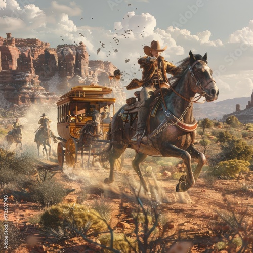 a horseback deputy protects a senator's stagecoach from a group of bandits in old west texas. high detail, digital art, cinematic photo