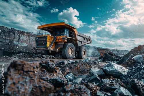 A huge excavator loads rock formation into the back of a heavy mining dump truck. Open pit coal mining. photo